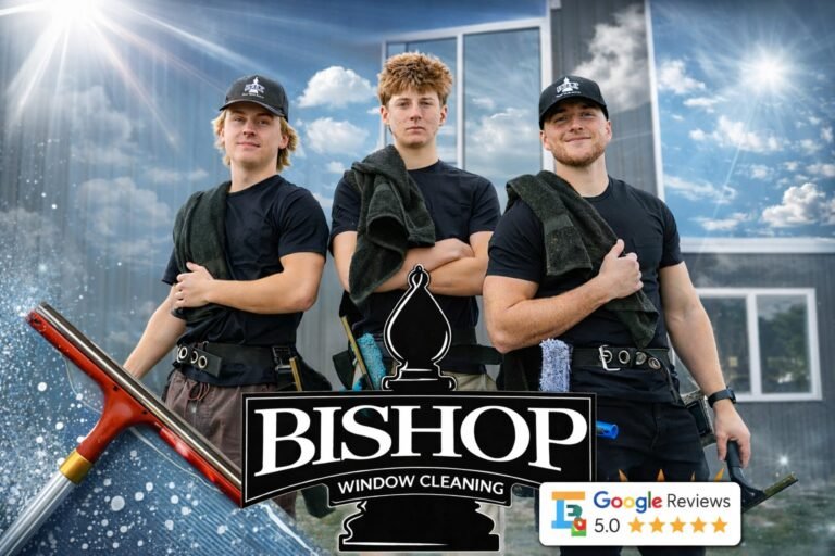 Bishop Window Cleaning owner cleaning a window in Logan, Utah
