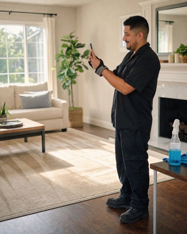 A cleaner photographing a room he has just finished