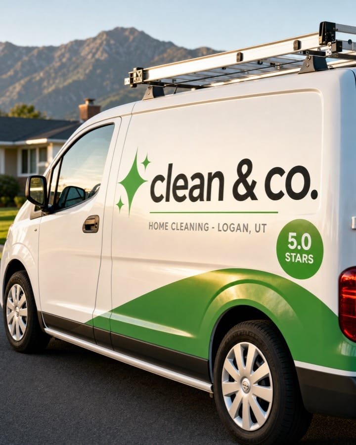 A work van with a simple professional logo outside a house