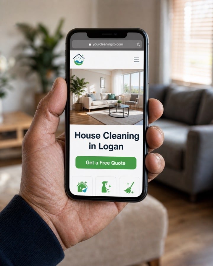 A contractor holding a phone showing his new website