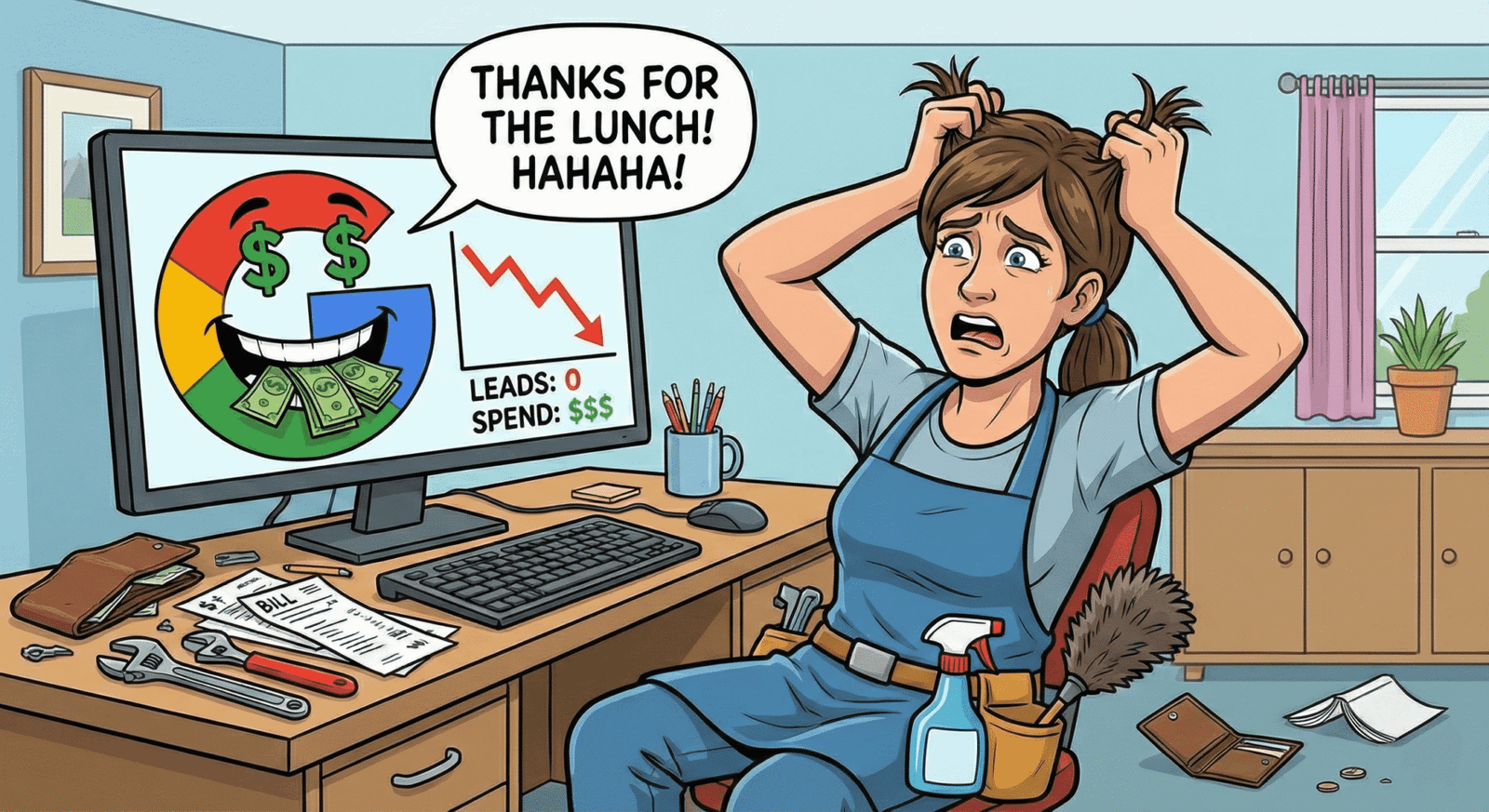 Home cleaner looking at her phone, frustrated after spending money on Google Ads