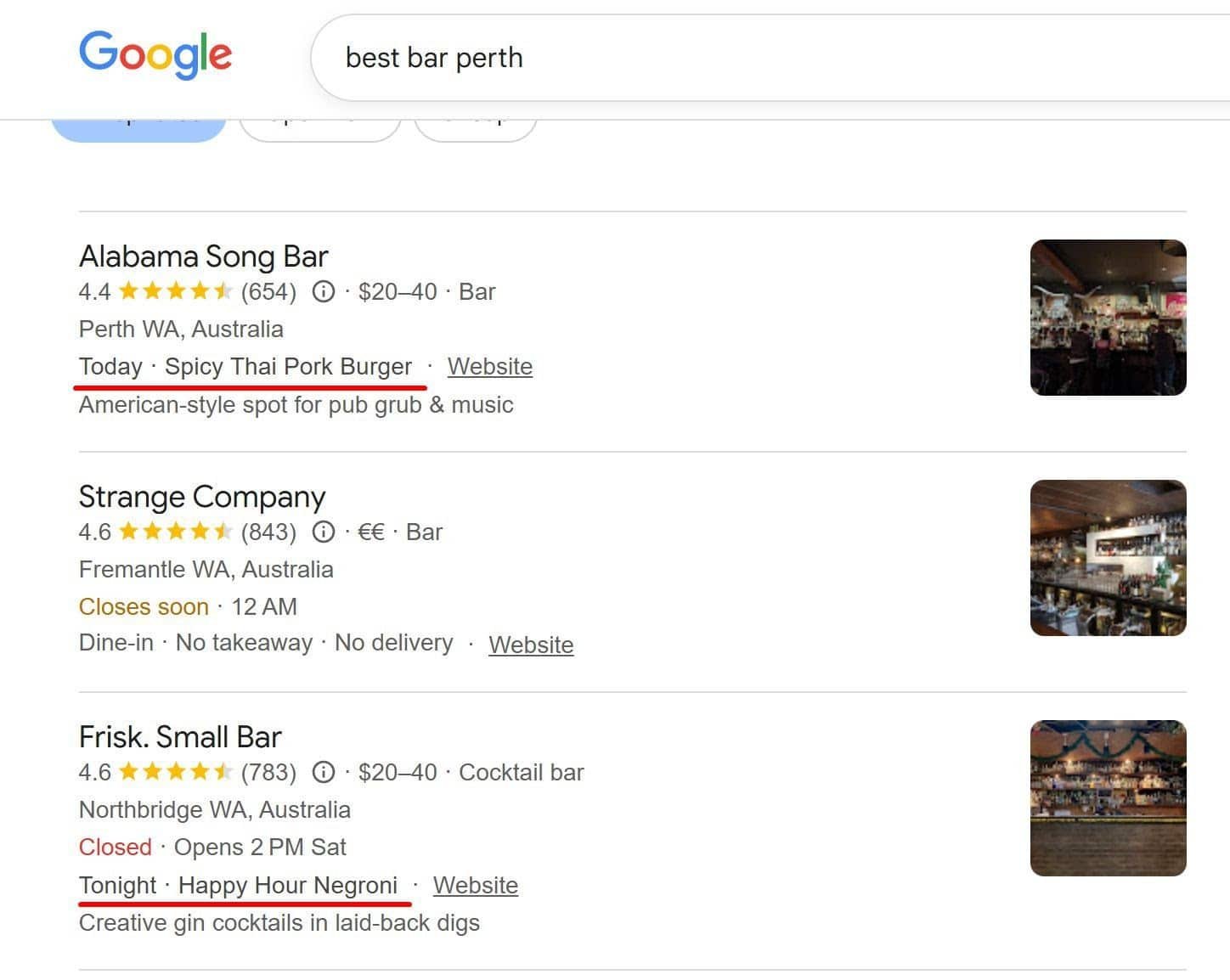 Google search results for bars showing social post highlights under each listing