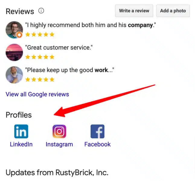 Google Business Profile panel with a Profiles row linking to LinkedIn, Instagram and Facebook