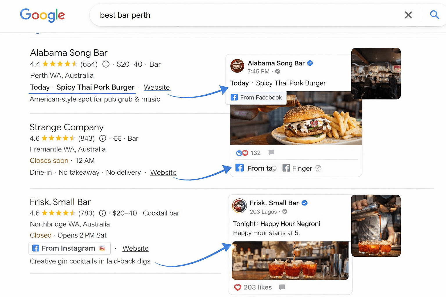 Google Maps listing showing social media posts pulled into the business result