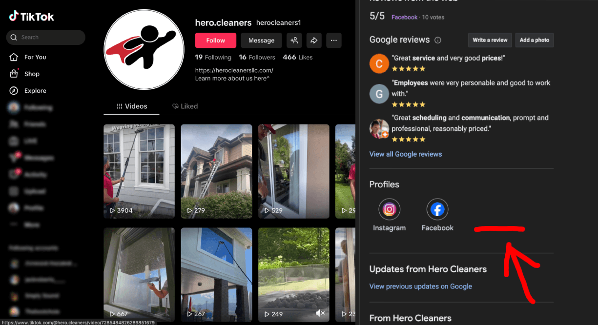 TikTok profile of a cleaning company next to its Google Business Profile reviews