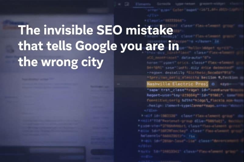 Hidden block of text in a website page that sends Google the wrong city
