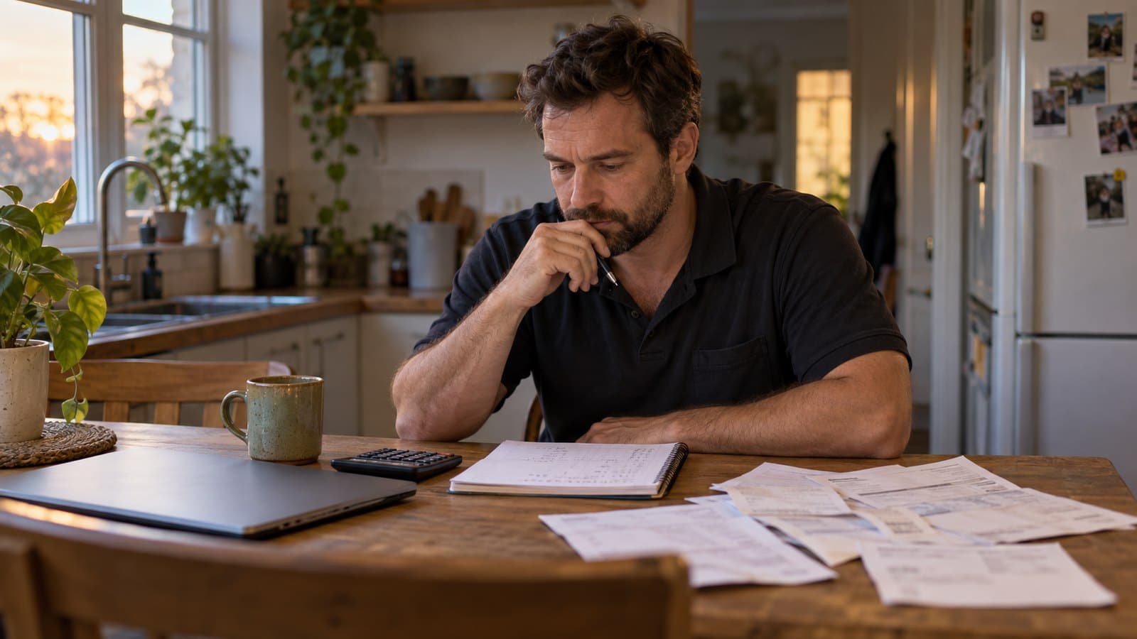 Solo home service contractor at his kitchen table working out what he can afford to spend on marketing each month